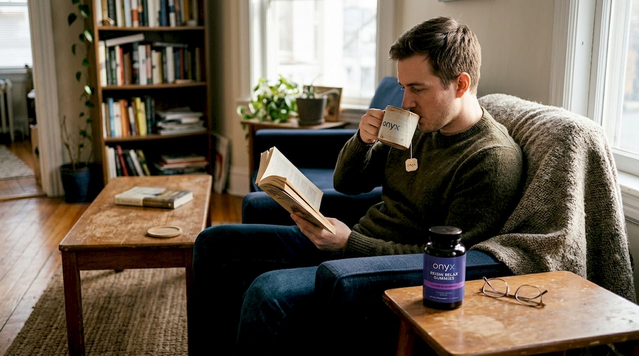 Man reading with reishi gummies nearby in living room