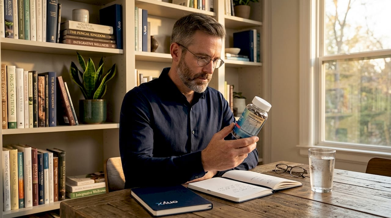 Man inspecting mushroom gummies supplement label