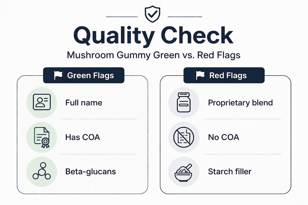 Infographic comparing high vs low quality mushroom gummies