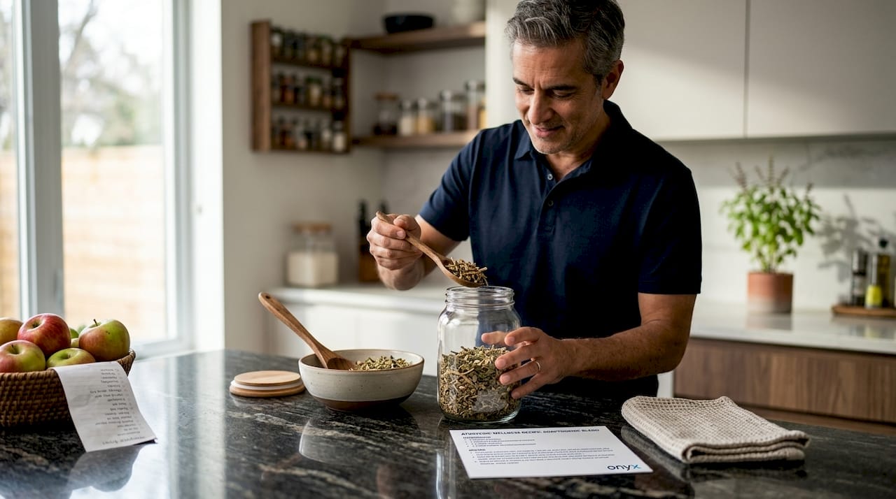 Man preparing ayurvedic herbs in kitchen