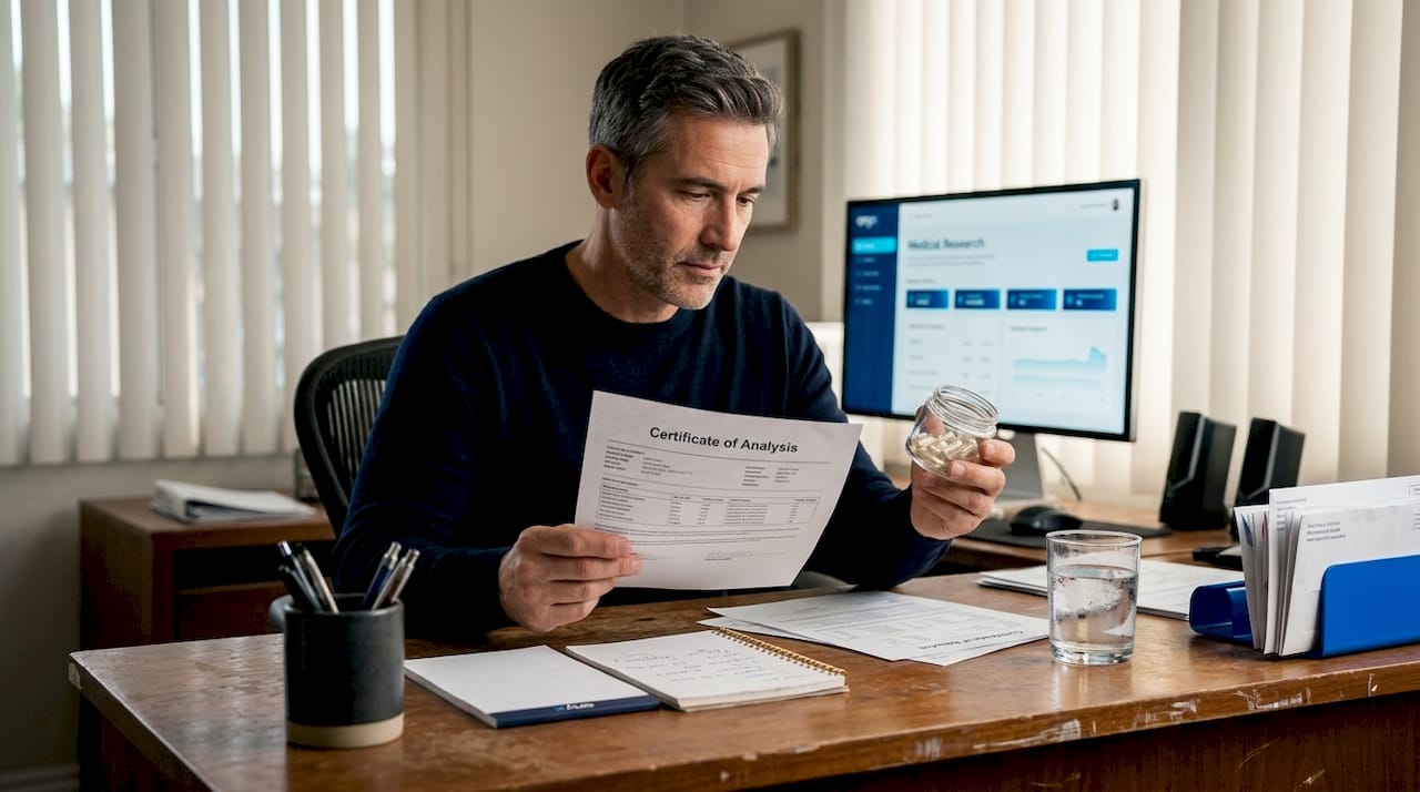 Man reviews supplement certificate at desk