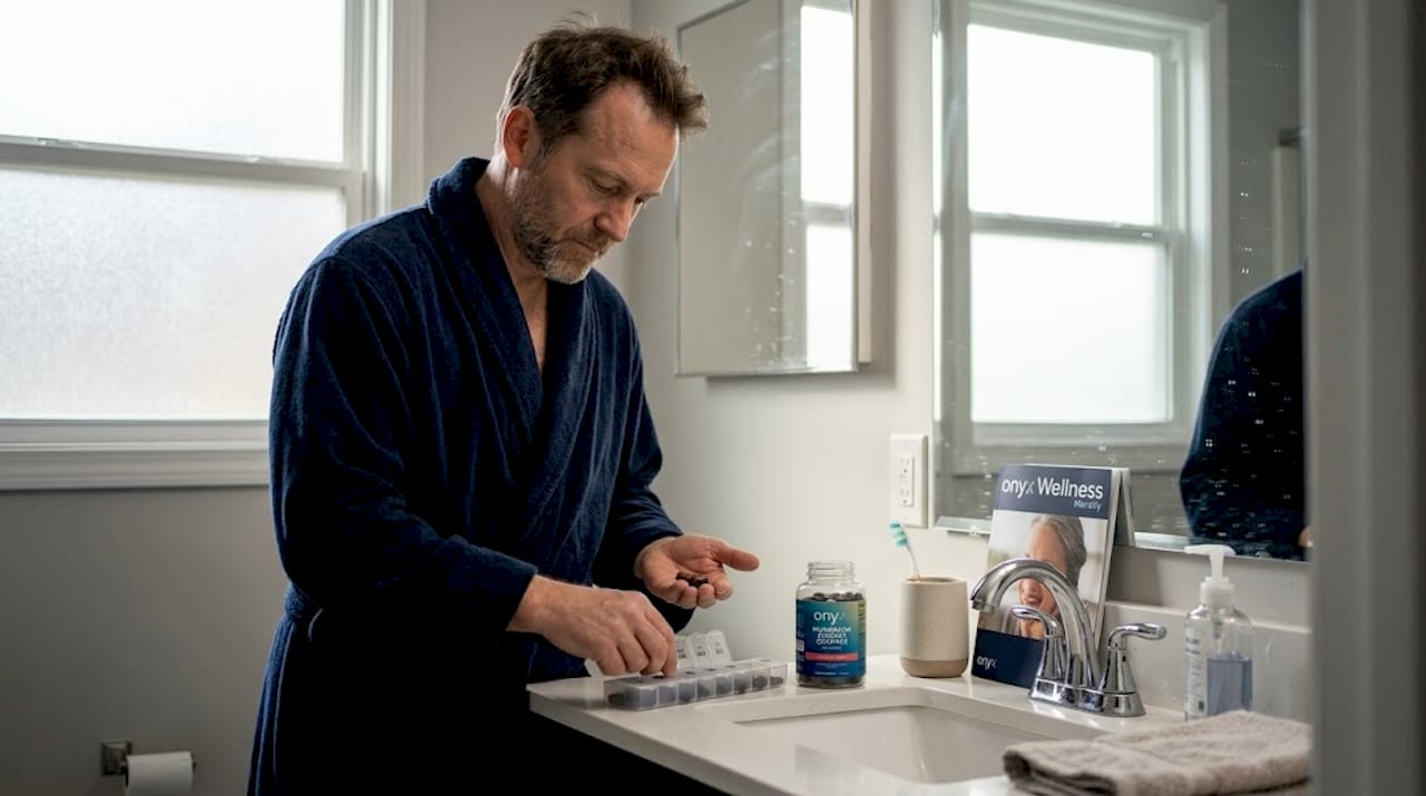 Man sorting mushroom gummies with supplements on bathroom counter