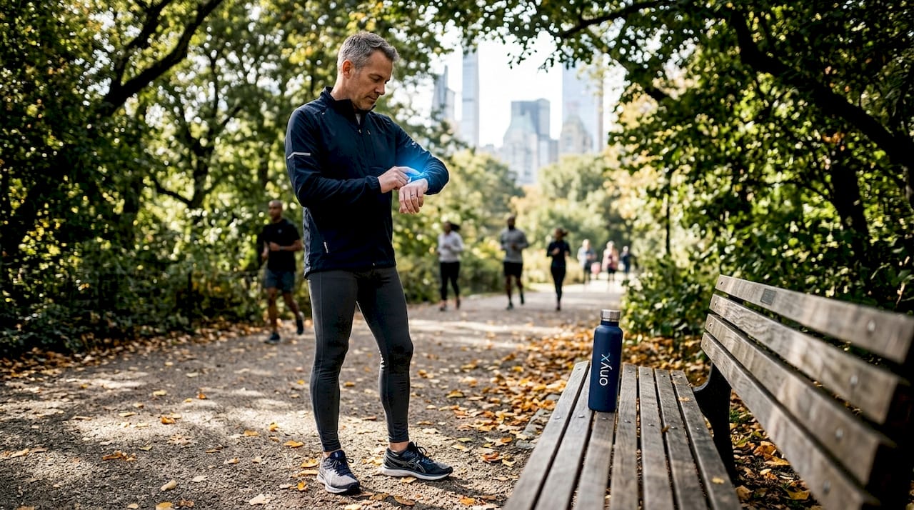 Man checking smartwatch after park jog