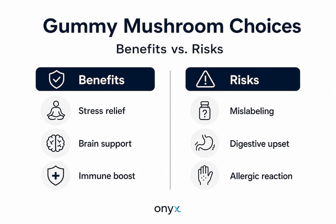 Infographic comparing benefits and risks of gummy mushrooms