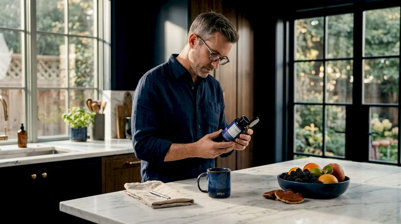 Man reading mushroom supplement label closely