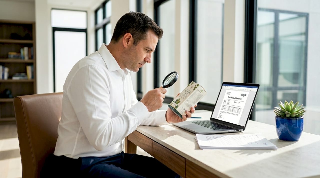 Man verifying Ayurvedic supplement authenticity