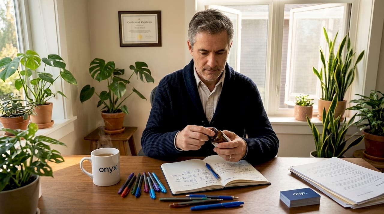 Man organizing day with herbal supplement at desk