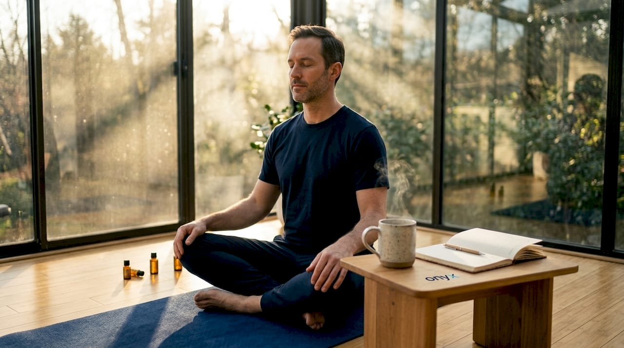 Man meditating with tea in sunlit home office