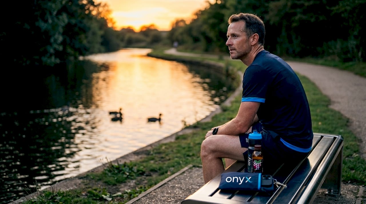 Runner resting in park after using beet supplement