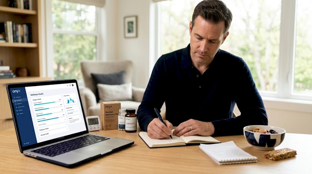 Man logging supplements in wellness journal