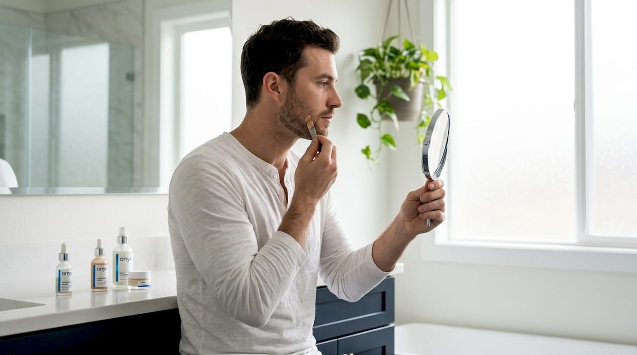 Man testing foundation shade in daylight