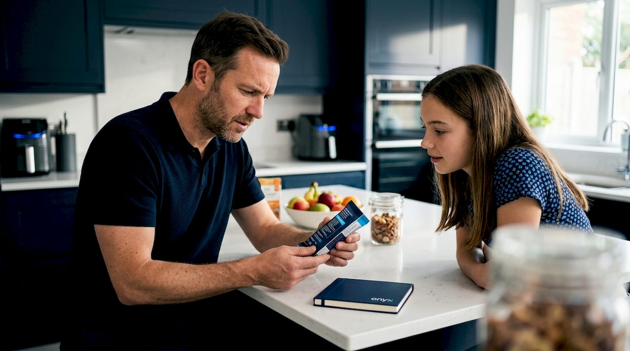 Parent reviewing food package allergen label