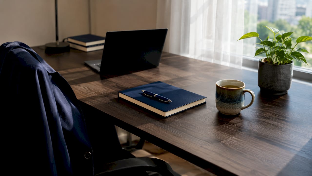 Overhead shot of focused mental clarity tools on desk