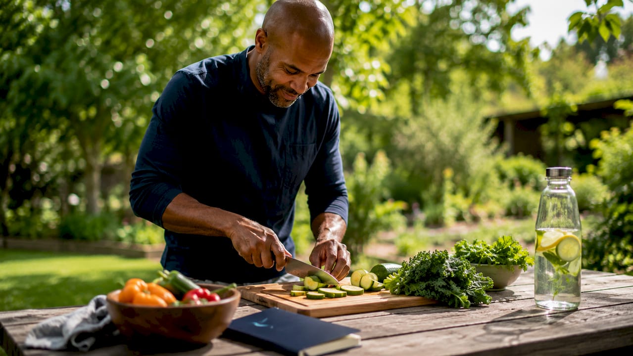 Man preparing plant-based meal outdoors
