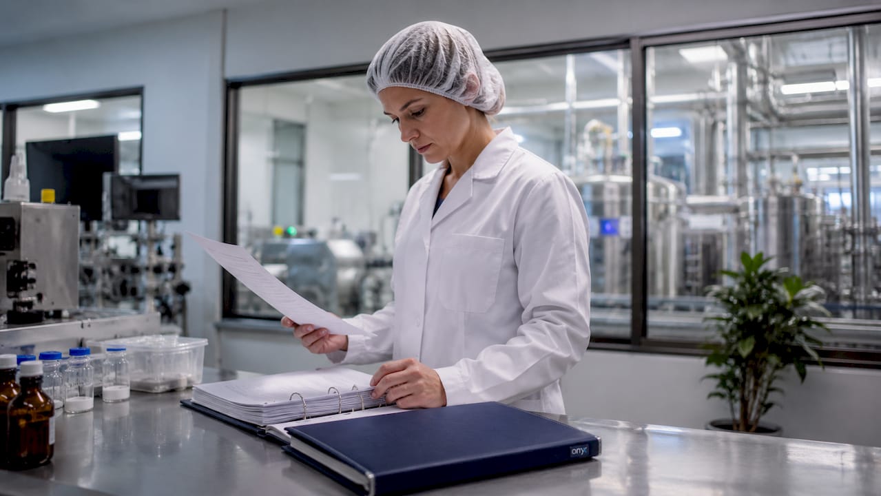 Lab technician reviewing supplement manufacturing audit