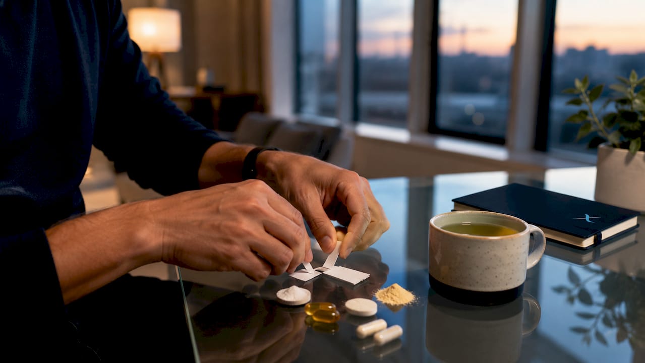 Close-up of various fast absorption supplements in hands
