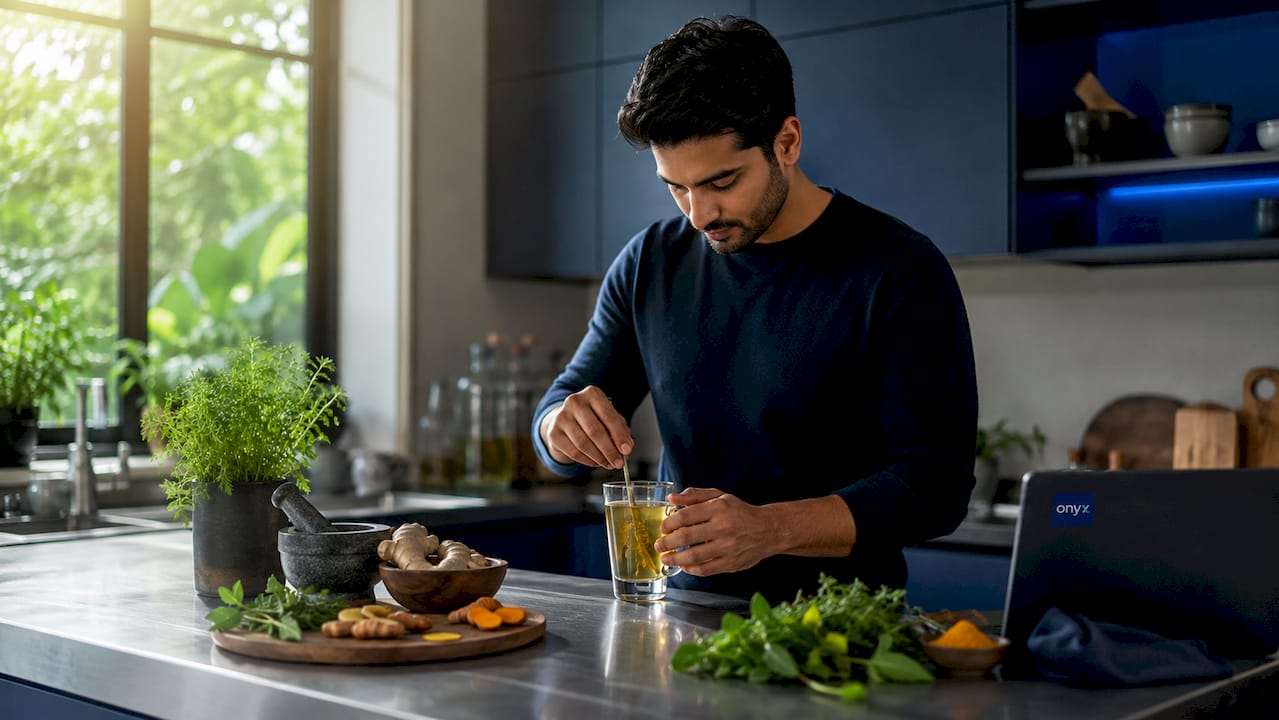 Man making Ayurvedic herbal drink