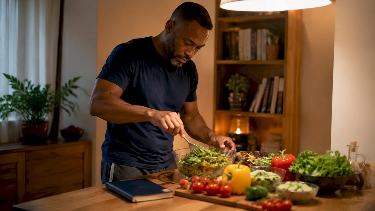 Man chopping vegetables in bright kitchen