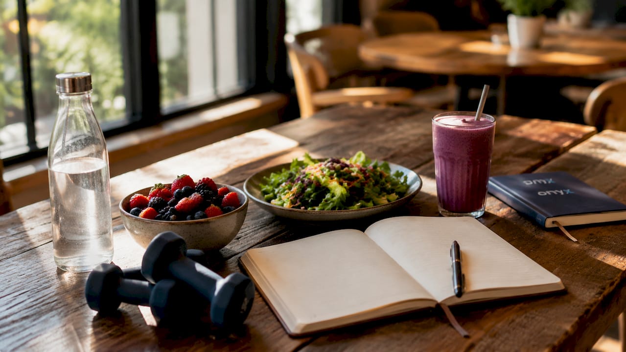 Healthy breakfast and wellness recovery items overhead