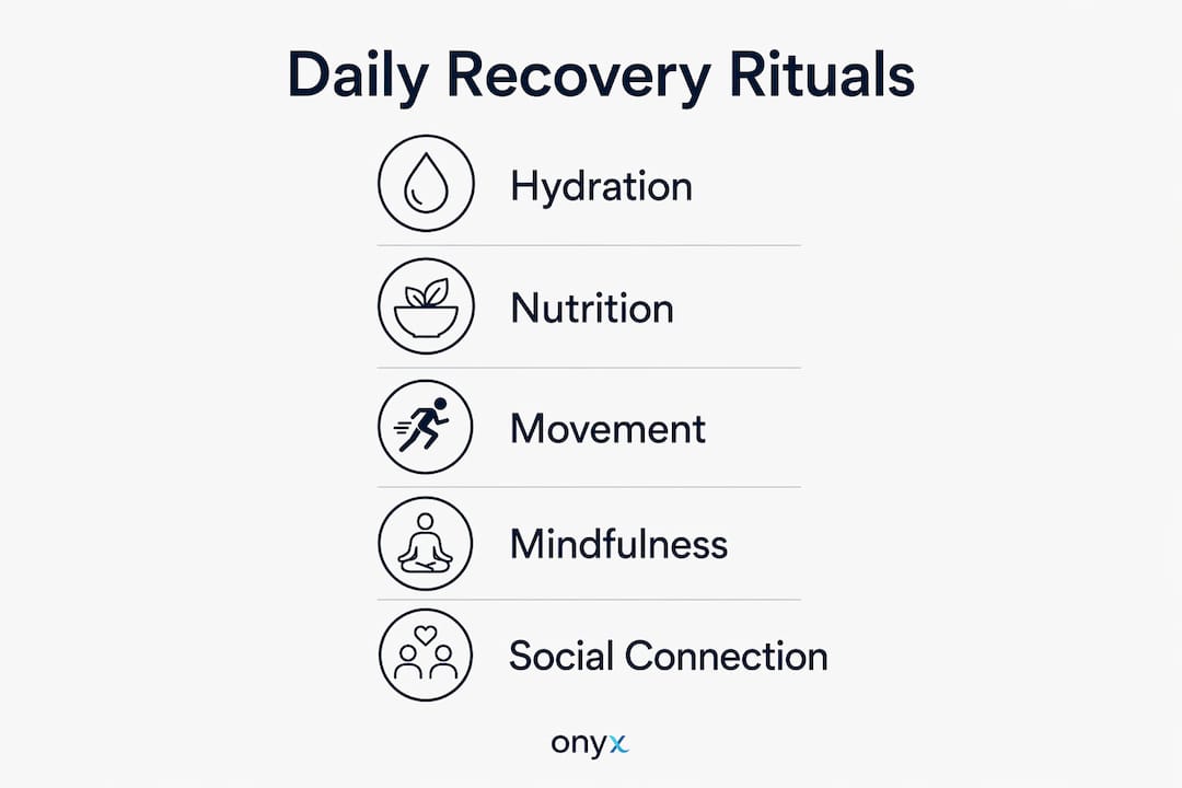 Infographic showing five key elements of daily recovery rituals