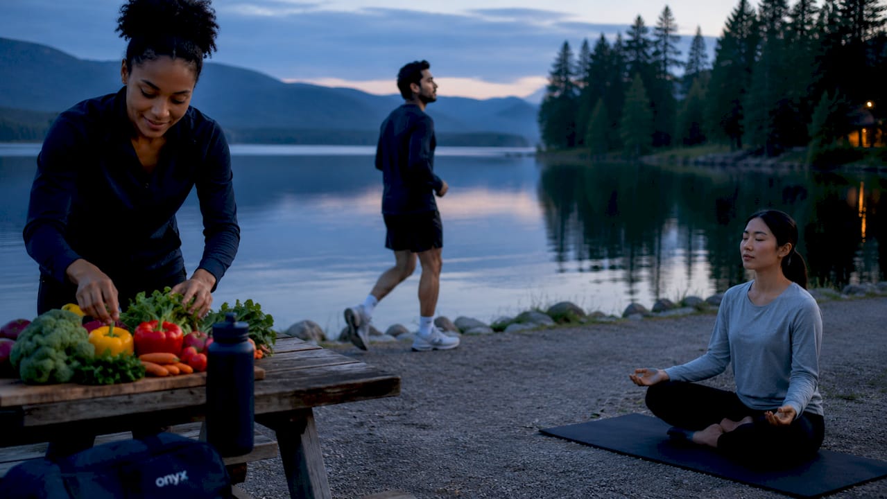 Three people practicing nutrition movement mindfulness outdoors