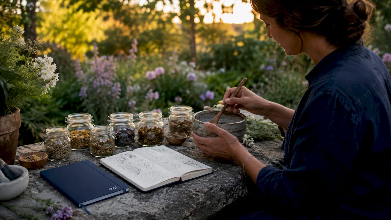 Hands mixing herbs for relaxation blend