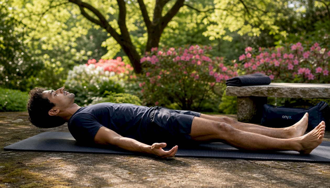 Man practicing muscle relaxation on yoga mat