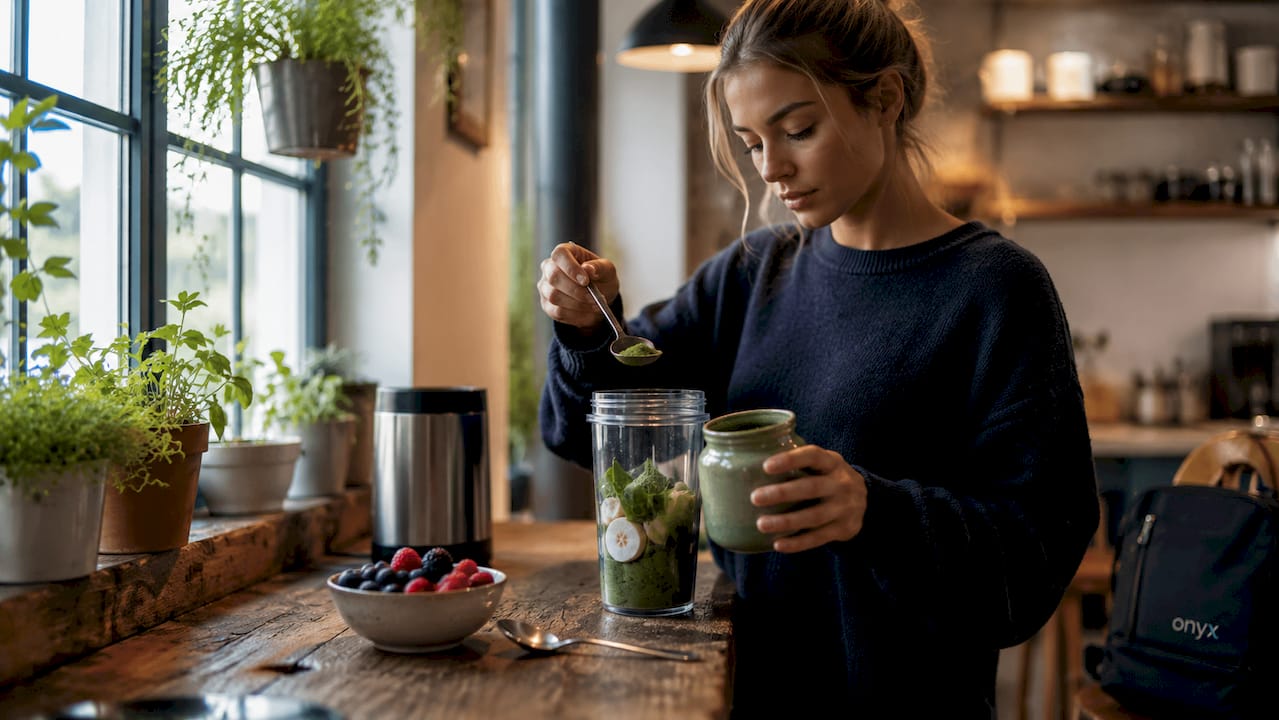 Woman preparing superfood smoothie in kitchen