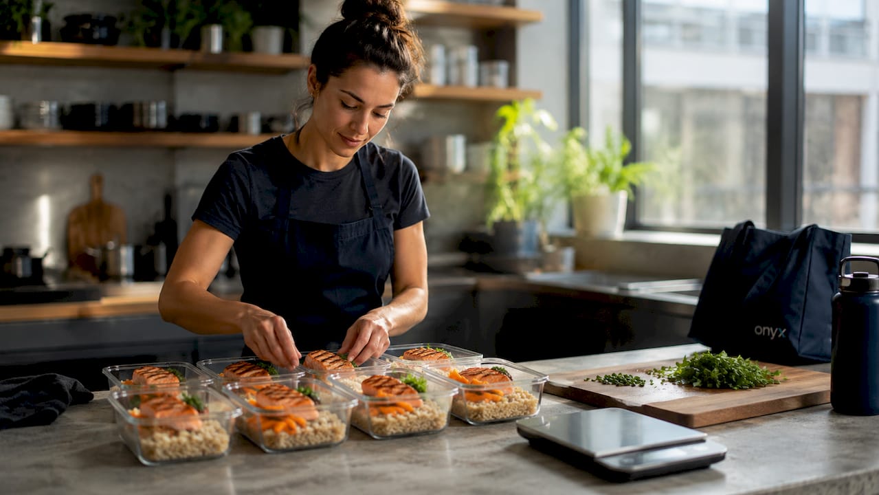 Meal prep containers with balanced food portions and scale
