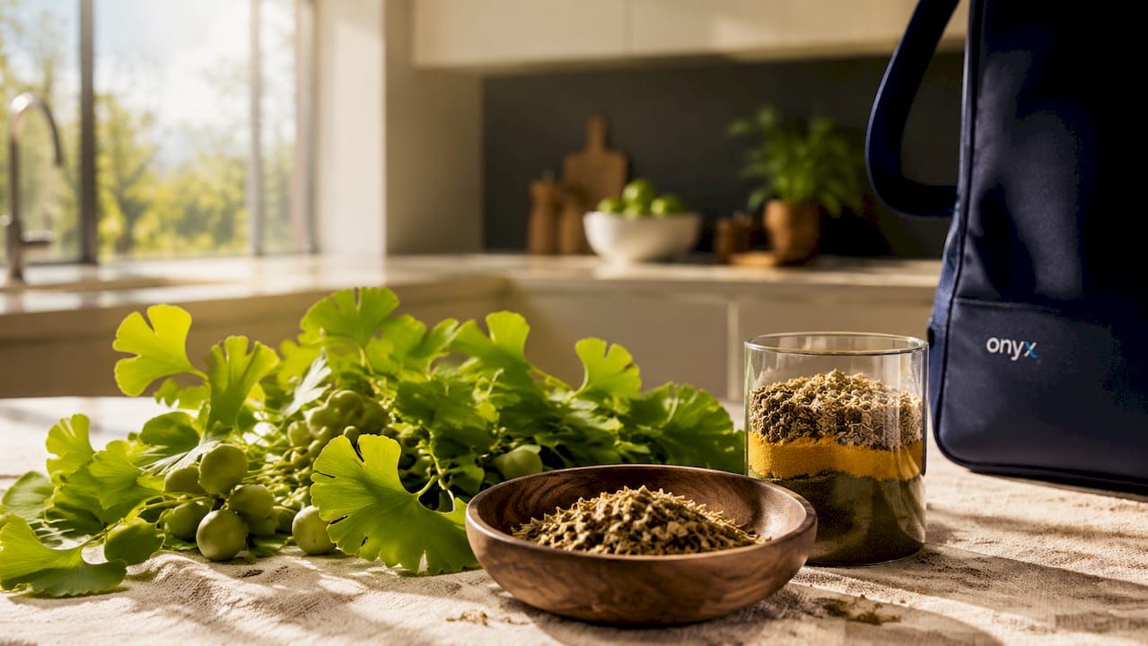 Close-up of fresh Ginkgo biloba leaves and natural herbs