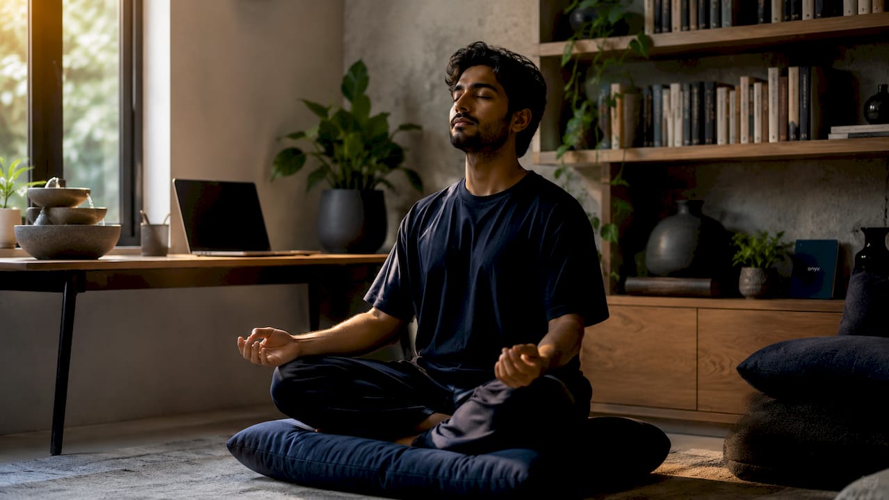 Man meditating indoors for stress relief