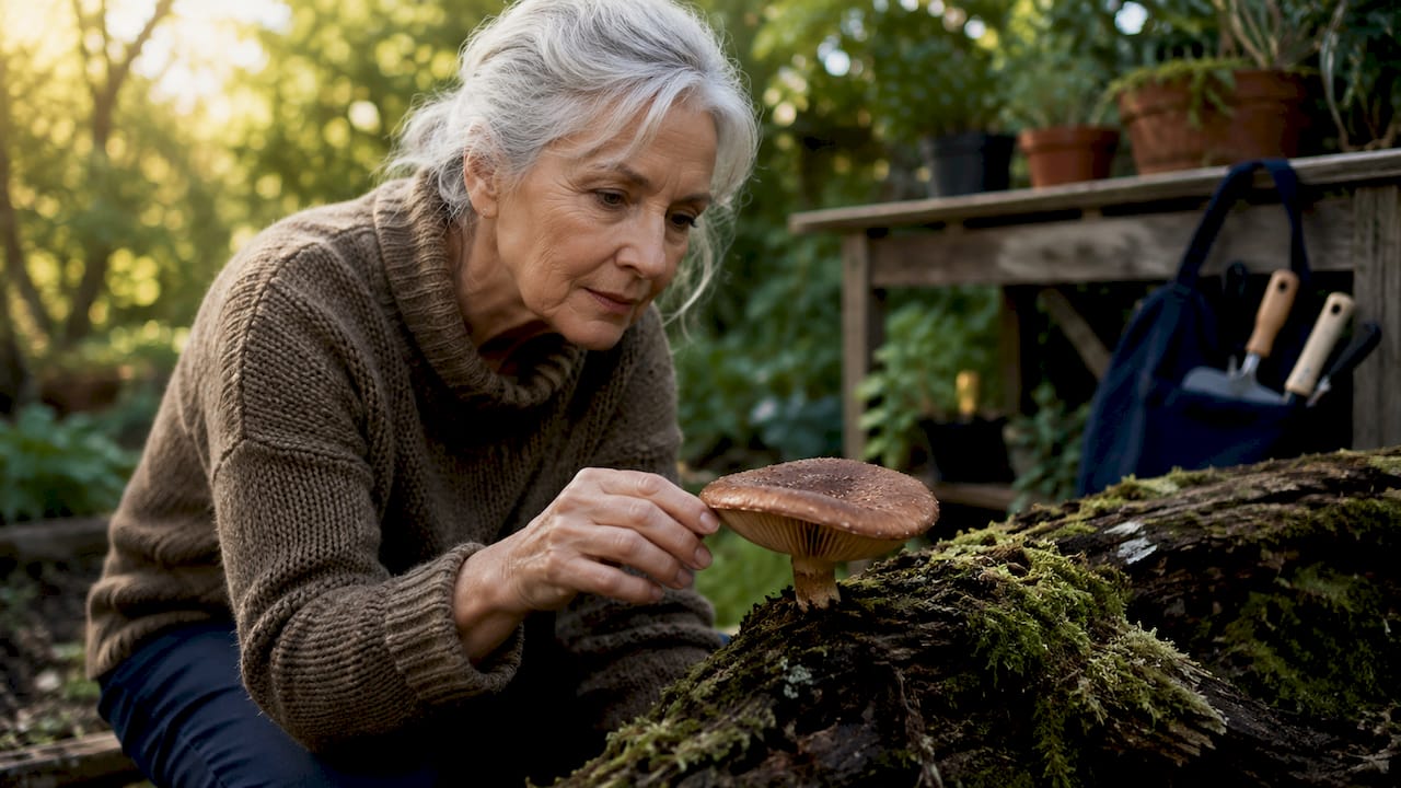 Close-up of hands studying therapeutic mushroom