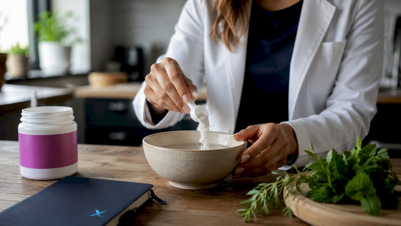 Hands preparing creatine hydration mix in glass