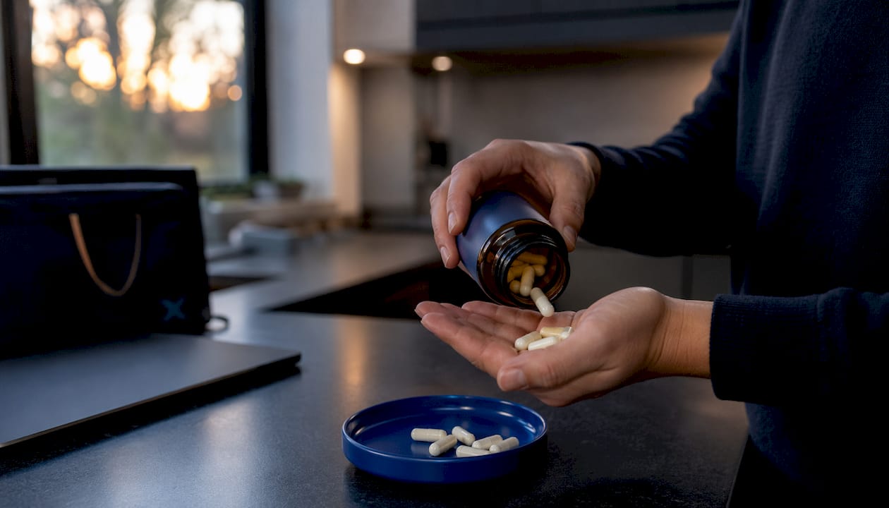 Close-up of hands holding magnesium capsules bottle