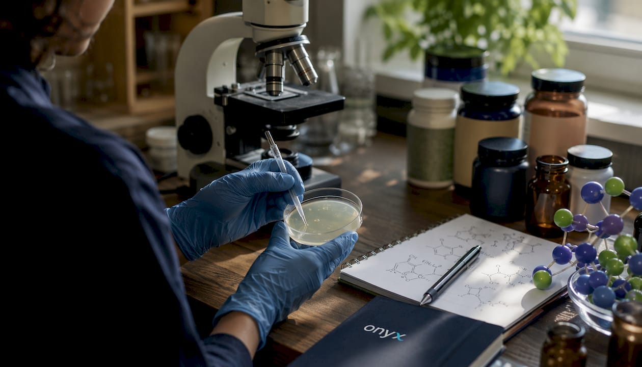 Hands handling minerals in lab setting