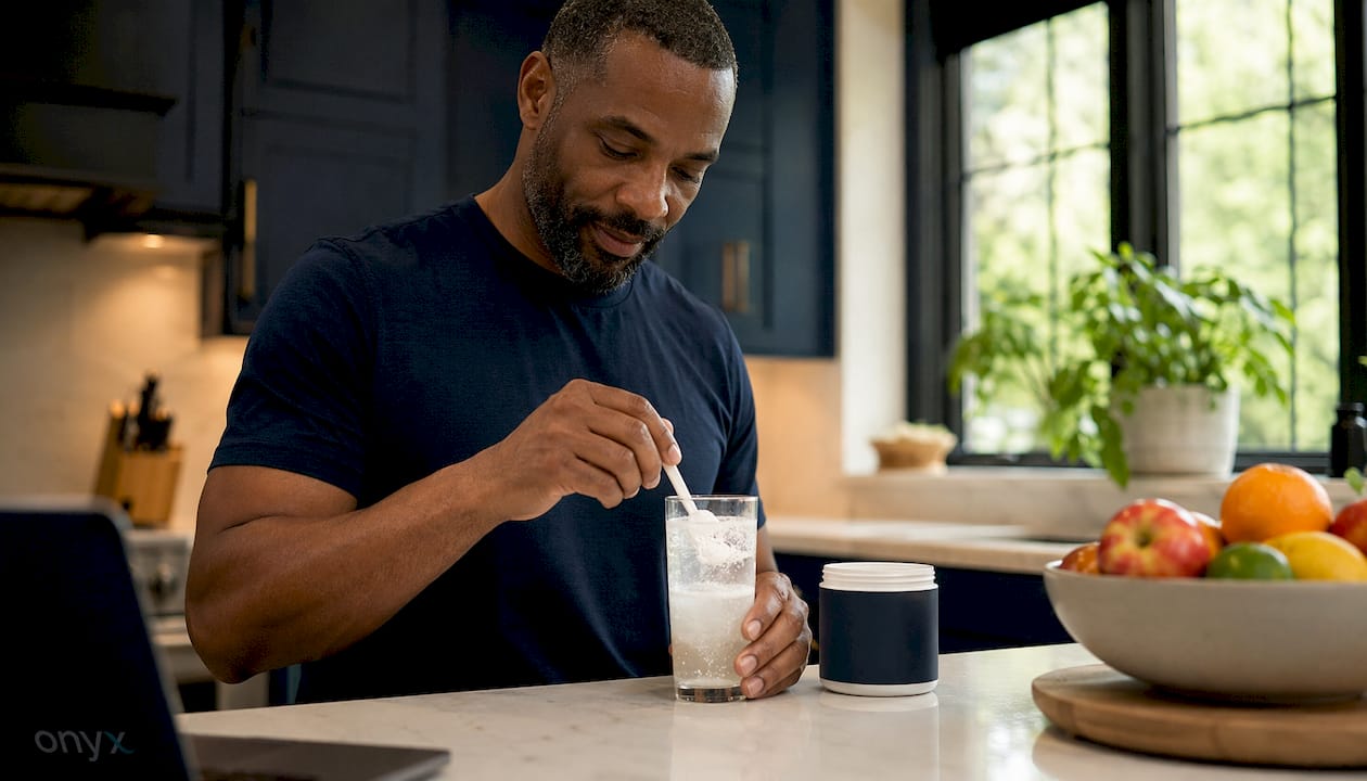 Hands mixing collagen powder in glass