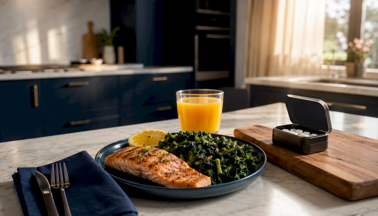 Healthy bone-supportive meal with supplement bottle