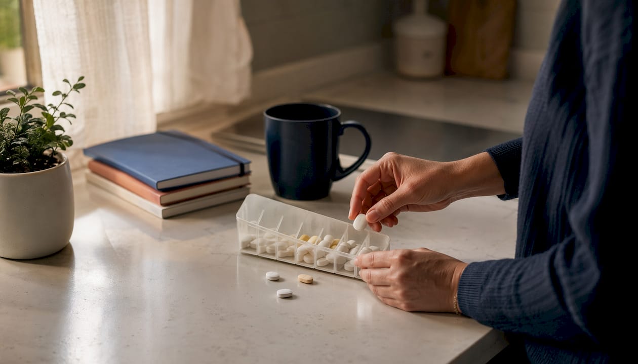 Hands assembling bone supplement pill organizer