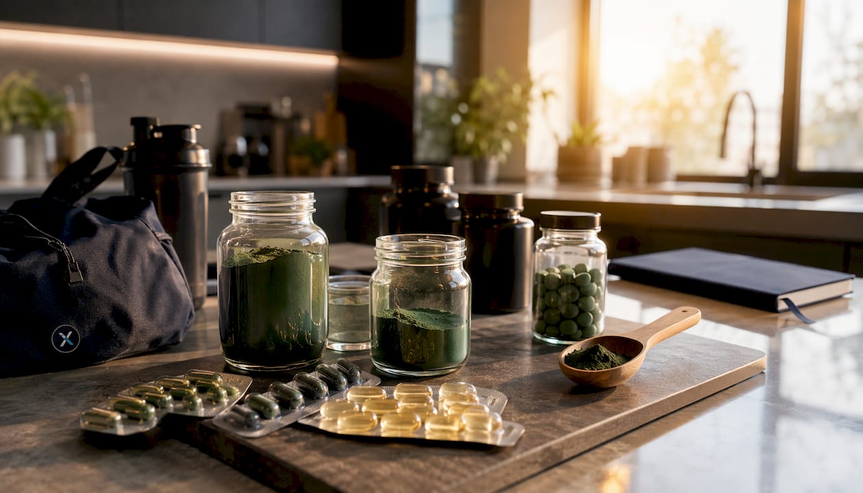 Close-up of spirulina and chlorella supplements in various forms