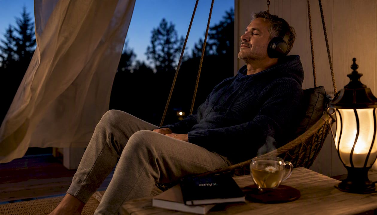 Man relaxing in chair with headphones and tea in evening