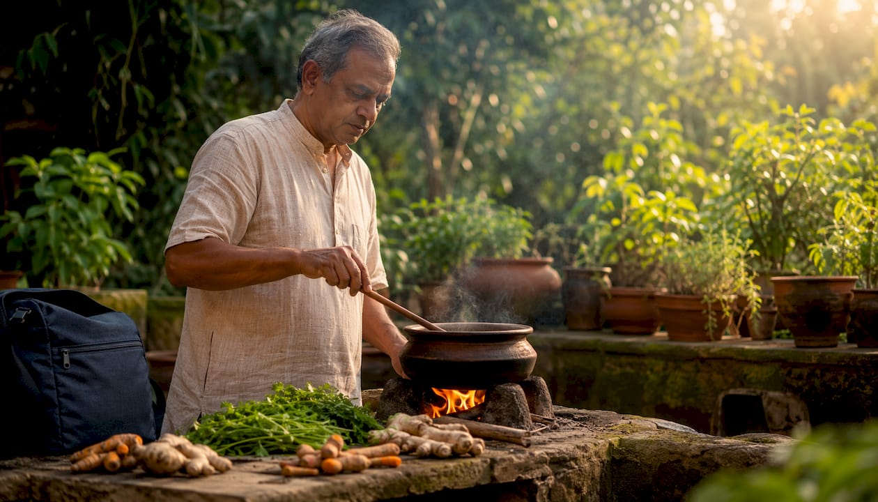 Hands stirring Ayurvedic cooking pot