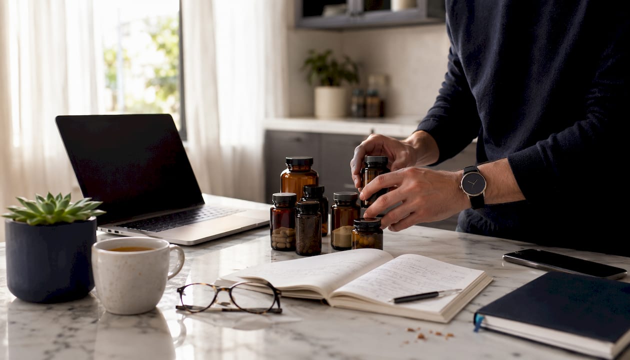 Hands arranging nootropic supplements and research materials