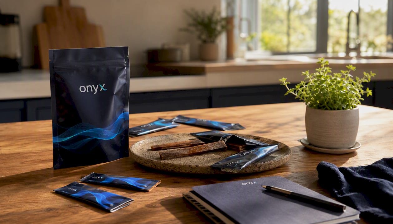 Close-up flat lay of Onyxwellness supplement strips