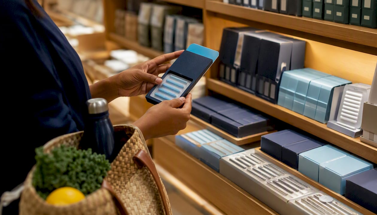 Pharmacy shelf with digestive health strips and shopper's hands