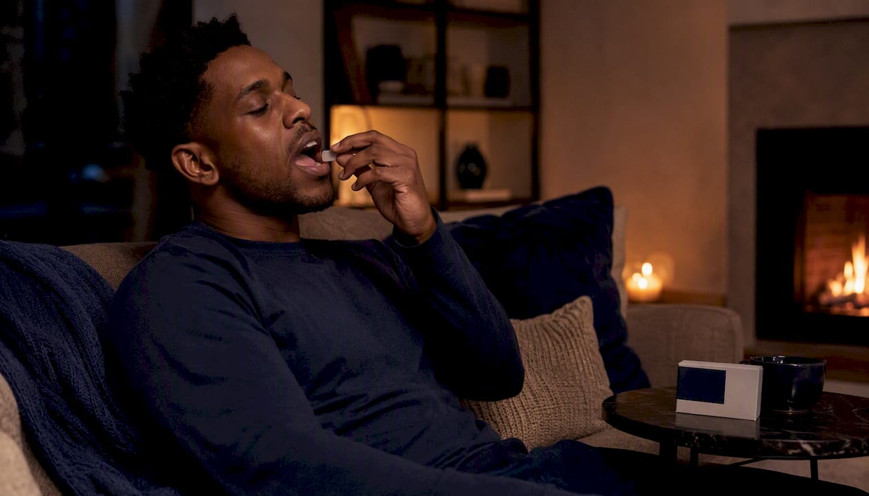 Man using sleep strip in bedroom at night