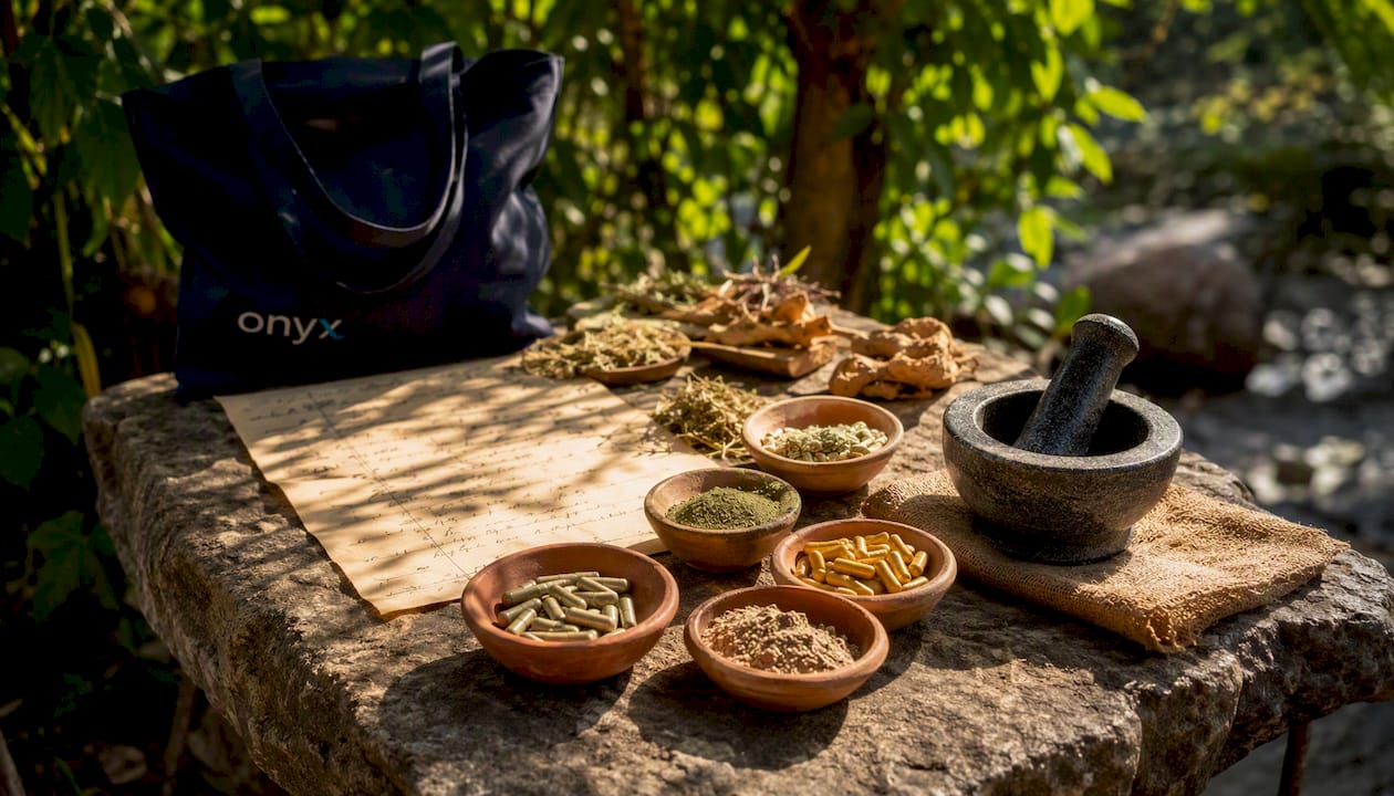 Overhead view of Ayurvedic herb capsules and powders