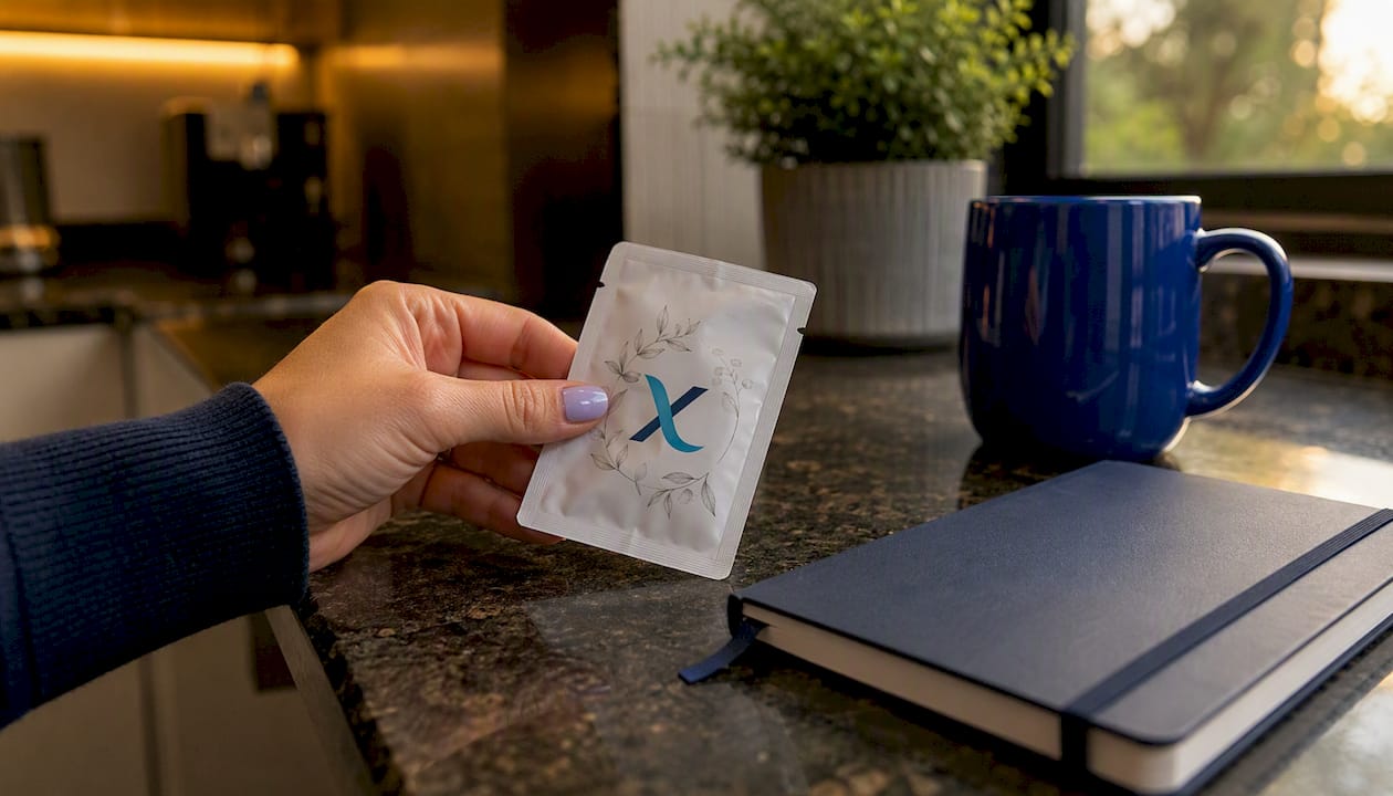 Close-up of dissolvable Ayurvedic strip packaging