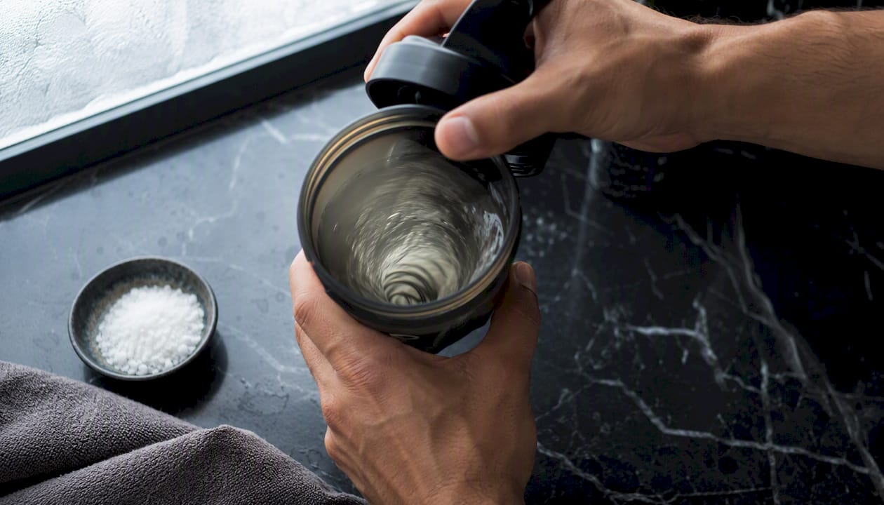 Hands mixing creatine powder in shaker bottle