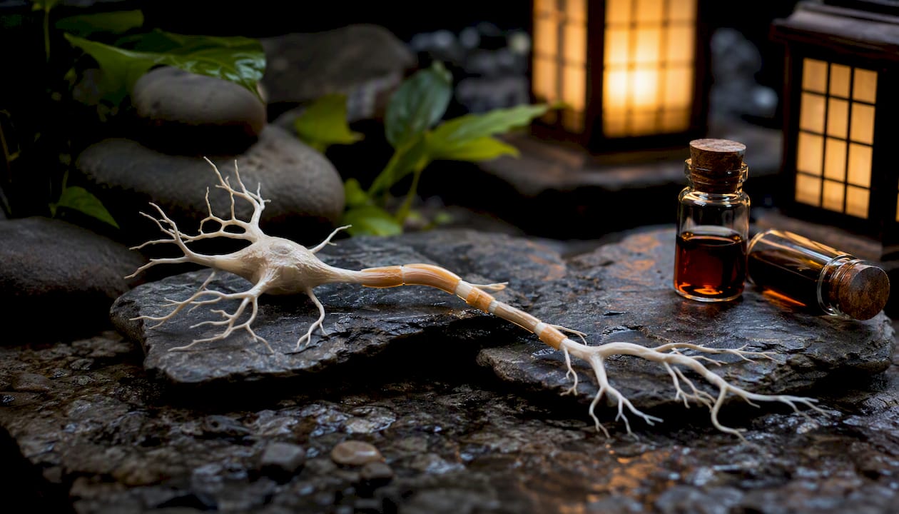 Model of nerve fibers with mushroom extract vials