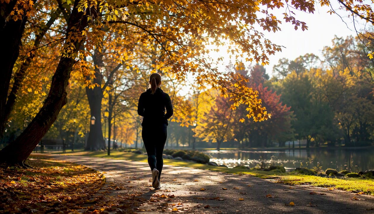 Person brisk walking outdoors in autumn